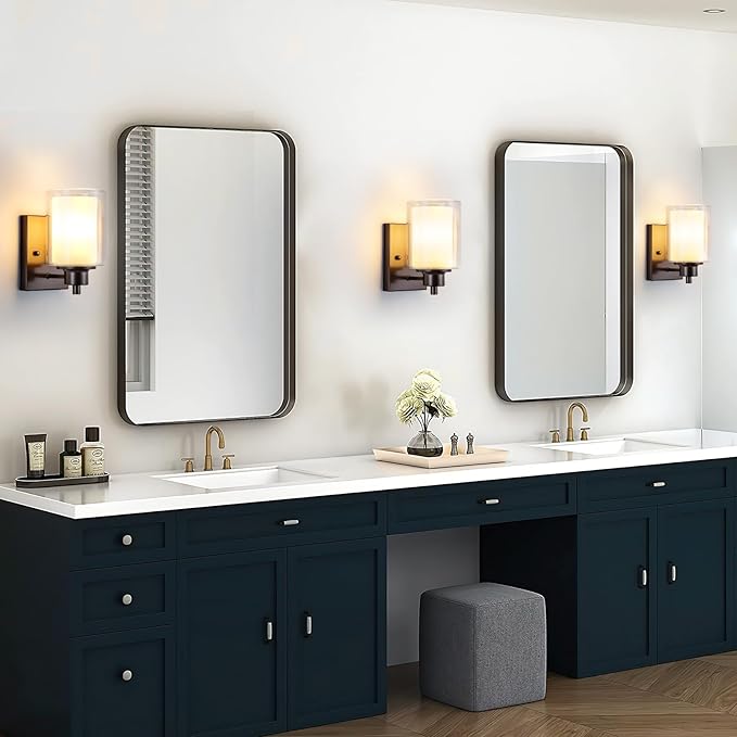 2 Pack Bath Vanity Light Fixtures 1-light, Indoor Oil Rubbed Bronze Wall Light with Dual Glass Shade, Farmhouse Bathroom Wall Scone, Vintage E26 Bese Wall mount Lighting