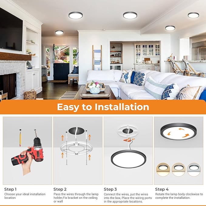 slochi 6Pack LED Flush Mount Ceiling Light Fixture, 9 Inch Light Fixture, 3000K-4000K-6500K Round Flat Bedroom Lights, Closet Round Surface for Bathroom Laundry Bedroom Hallway