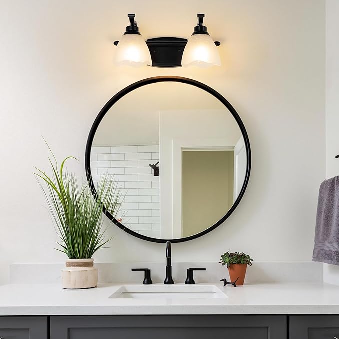 Bathroom Light Fixtures (2-Light, 15 Inch), Matte Black Vanity Lights for Bathroom with White Frosted Glass Shade, Modern Vanity Wall Lights for Mirror Bedroom Living Room Kitchen Hallway Porch