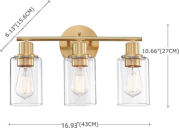 WISBEAM 3-Light Bathroom Vanity Light Over Mirror, Gold Bathroom Wall Sconce with Clear Glass Shade Including E26 Medium Base, Bulb NOT Included