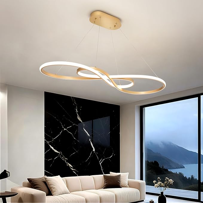 Modern Led Pendant Light, Dimmable Gold LED Chandelier for Dining Room Light Fixture Over Table Modern Kitchen Island Lighting, Height Adjustable Ceiling Light