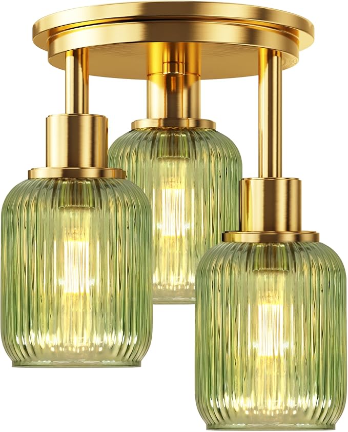 Semi Flush Mount Ceiling Light, 3-Light Close to Ceiling Light Fixtures, Brass Gold Finish Kitchen Light Fixtures with Green Glass Shades Patriot Lighting for Entryway Porch Hallway, Gold & Green