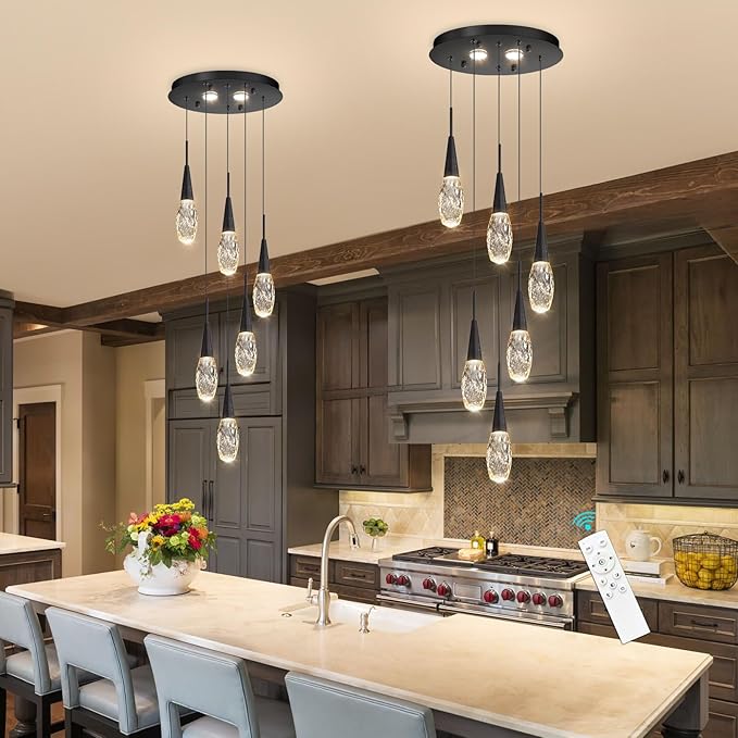 6-Lights Adjustable Pendant Lights for Kitchen Island LED Dimmable Light Fixture Modern Glam Crystal Hanging Lighting for Dining Room Bedroom Black