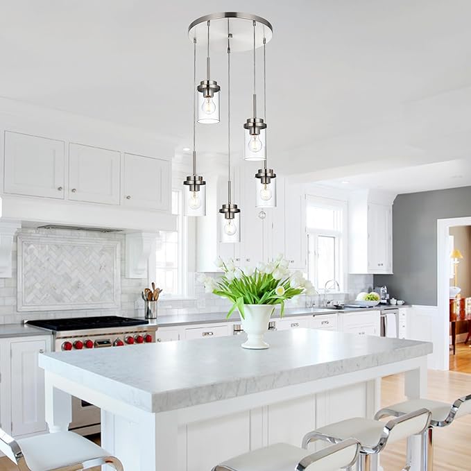 MELUCEE 5-Light Cluster Pendant Lights Stairwell Lighting Brushed Nickel Chandelier for Dining Room, Modern Kitchen Island Pendant Lighting Adjustable Hanging Ceiling Lamp with Clear Glass Shade