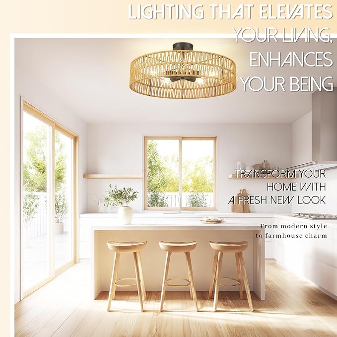 Hamilyeah 24 inch Rattan Boho Flush Mount Ceiling Light Fixture with 5 Light,Woven Light Fixtures Ceiling Mount for Living Room, Bedroom, Kitchen