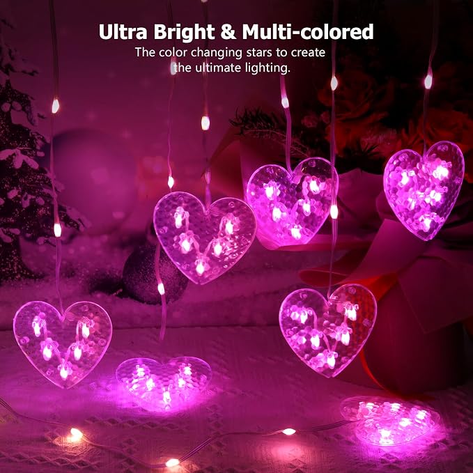 Heart Curtain Lights Valentines Day Decor, 10ft x 3.3ft RGB LED Color Changing String Fairy Lights Curtain, 200+ Scene Modes for Valentines Day Decorations Bedroom Backdrop Indoor Outdoor