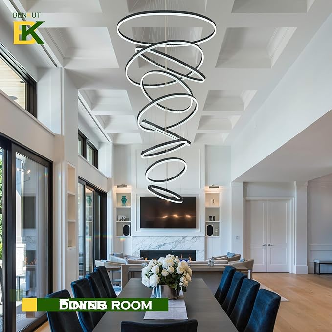 Benkut 9 Rings Modern LED Chandelier Black Dimmable Large Foyer Chandeliers Entryway High Ceiling for Staircase, High Ceiling Pendant Lights for Entryway Living Room, 3000K-6500K CCT