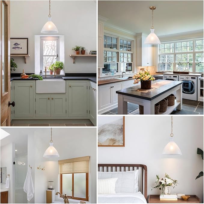EDSILIVE Vintage Cloudy Glass Pendant Lights Kitchen Island 12" Milk White Hanging Ceiling Light Fixture with Gold Finish for Dining Room Kitchen Table