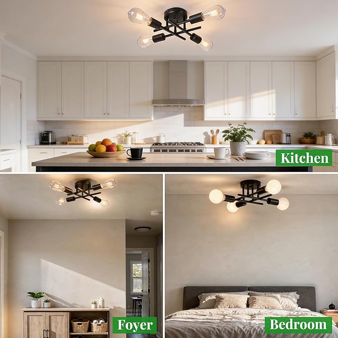4-Light Semi Flush Mount Ceiling Light Fixture, Black Sputnik Modern Farmhouse Close to Ceiling Chandelier Lighting for Bedroom, Dining Room, Kitchen, Living Room, Matte Black E26 Base