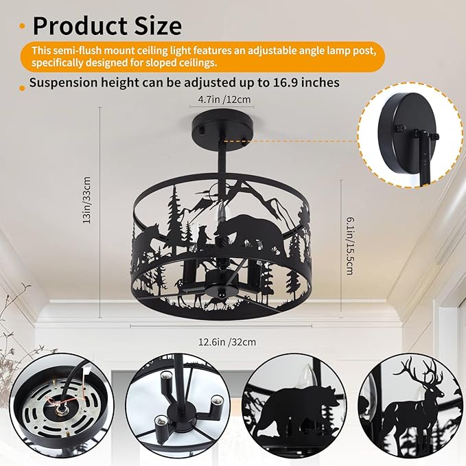 Farmhouse Rustic Slanted Ceiling Light Fixture - 3-Light Round E12 Base Black Metal Fixture with Deer and Bear Design - Perfect for Kitchen, Bedroom, Hallway, and Rustic Style