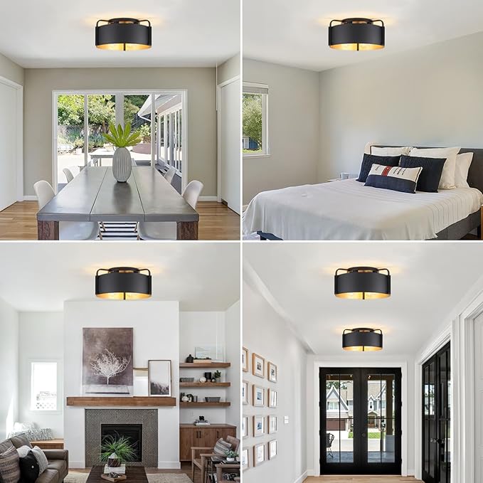 Flush Mount Ceiling Light, 4-Light Industrial Ceiling Light Fixture Matte Black with Gold Inside Kitchen Ceiling Lights for Living Room Kitchen Island Dining,E26 Base(Not Included Bulb)