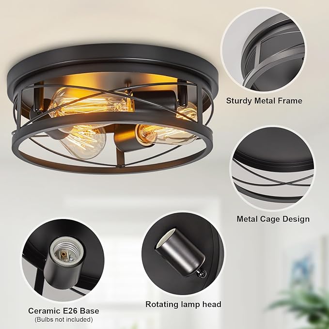 Farmhouse Ceiling Light Fixtures Black Flush Mount Ceiling Light 3-Light Vintage Kitchen Light Fixtures Metal Cage Ceiling Lights for Bedroom, Living Room, Hallway, Foyer(E26 Base)