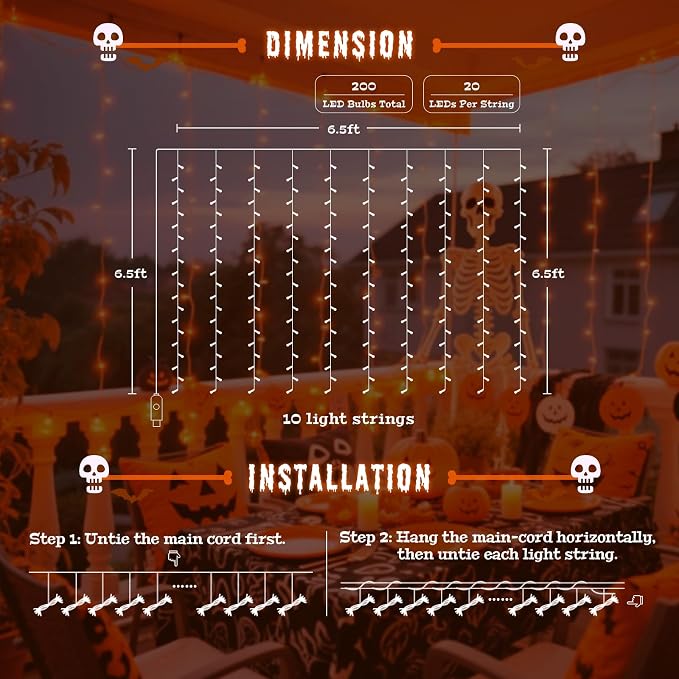 JMEXSUSS Orange Curtain Lights for Halloween, 200 LED Halloween Curtain String Lights USB Plug in, 8 Modes Orange Hanging Window Lights for Bedroom Party Indoor Outdoor Decorations
