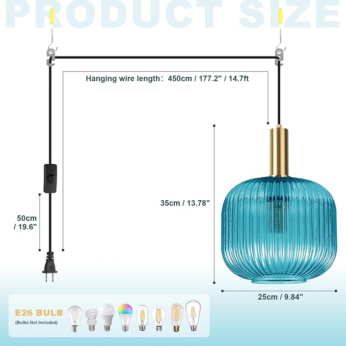Blue Ribbed Glass Plug in Pendant Light, 9.8" Handblown Striped Hanging Lamp with 14.76ft Cord & Rocker Switch, Mid-Century Modern Pendant Lighting for Kitchen Island, Dining Room, Bedroom