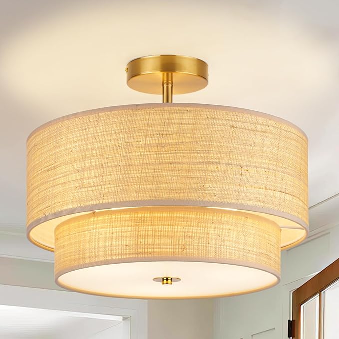 16 Inch Semi Flush Mount Ceiling Light, Double Raffia Woven Drum Shade, Rattan and Gold Farmhouse Ceiling Lamp for Bedroom, Living Room, Dining Room, Kitchen