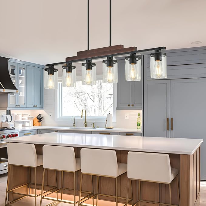 Farmhouse Chandelier 6-Light Dining Room Light Fixture Over Table Kitchen Island Lighting Rustic Chandeliers for Dining Light with Glass Shade Wood Pendant Lights Kitchen Island