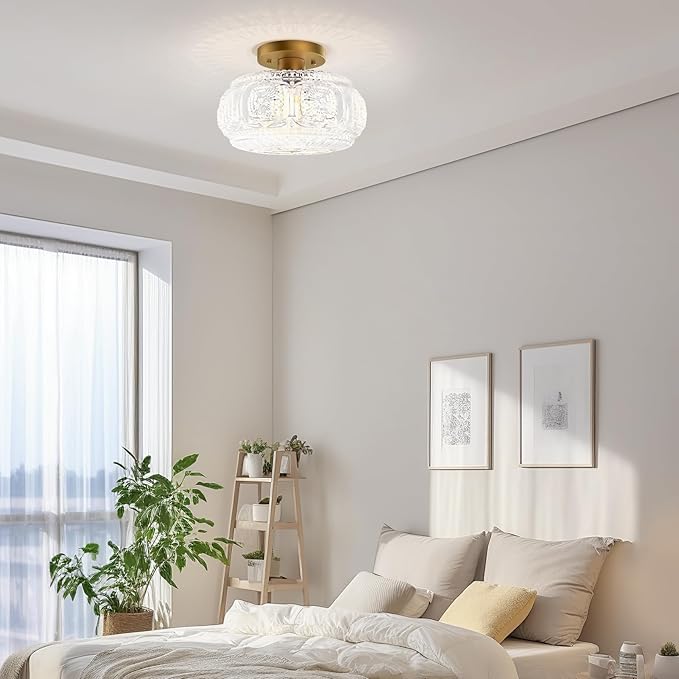 Semi Flush Mount Ceiling Light, Upgraded Larger Gold Glass Ceiling Light Fixture, Vintage Lighting for Hallway Kitchen Bedroom Dining Room, Bulb Not Included