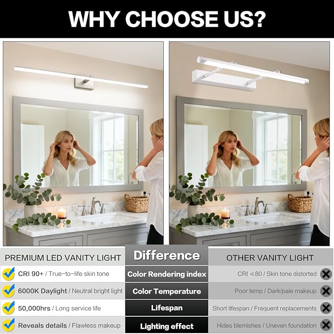 ZUZITO 48 Inch Vanity Lights for Bathroom Over Mirror Brushed Nickel Over Cabinet Arm Extra Wide LED Bar 5CCT 2900K 6000K 32W 2560lm ETL