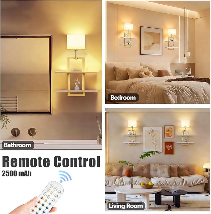 Set of 2 Battery Operated Wall Sconce with 2-Tier Shelf, Remote Wireless Rechargeable Dimmable Wall Lights with Floating Shelves, Wall Lamps for Bedroom Living Room Hallway Bathroom Decor, Gold