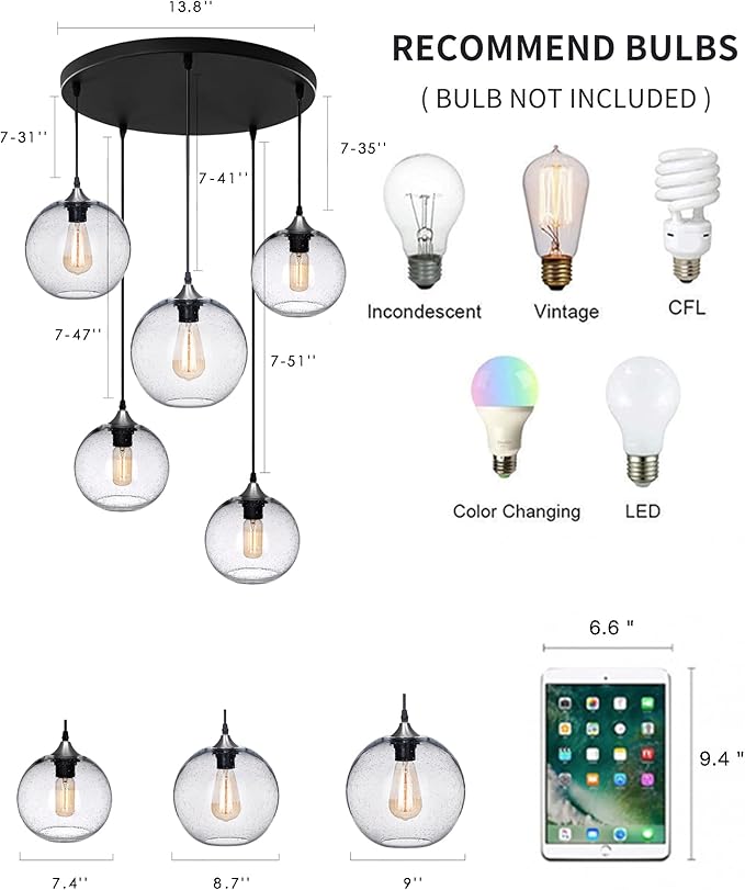 ARIAMOTION Glass Cluster Chandelier 5-Lights Pendant Lights Modern Rustic Seeded Bubbles Globe Ceiling Hanging Fixtures Entryway Hallway Dining Living Room Stair Group Lamp 7-9 Inch Diam