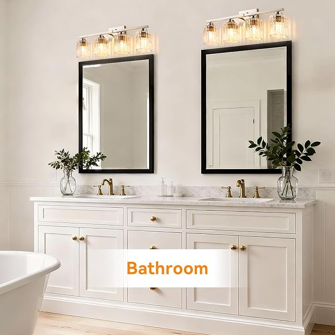 TALOYA 27 Inch Bathroom Light Fixtures,Modern 4-Light Brushed Nickel Vanity Lights with Wide Vertical Ribbed Thickened Glass Shade Wall Sconces for Mirror Makeup Room Hallway(Bulbs Not Included)