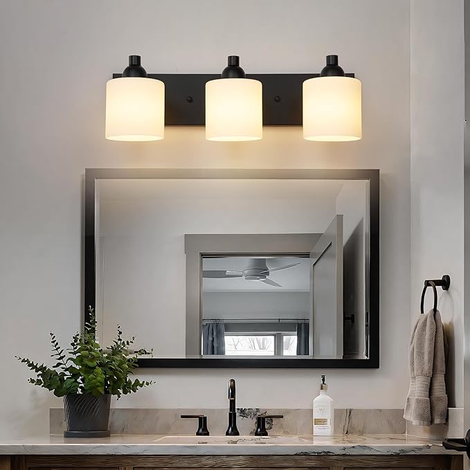Mecgirn Milk Glass Vanity Lights for Bathroom, 3 Light Matte Black Bathroom Light Fixtures Over Mirror, Ceramic E26 Sockets Wall Mounted