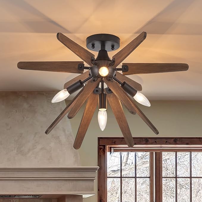 4-Light Sputnik Semi Flush Mount Light Black, Wood Hallway Lights, Farmhouse Light Fixture for Kitchen, Rustic Close to Ceiling Light Fixture for Entryway Laundry Nursery Bedroom