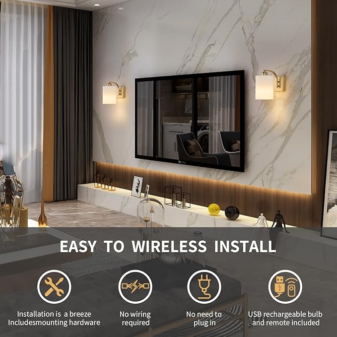 Powfloven Gold Rechargeable Battery Operated Wall Sconces Set of 2 with Remote, Wireless Dimmable Battery Powered LED Wall Lights, Cordless Wall Lighting Lamp Fixture for Bedroom Living Room