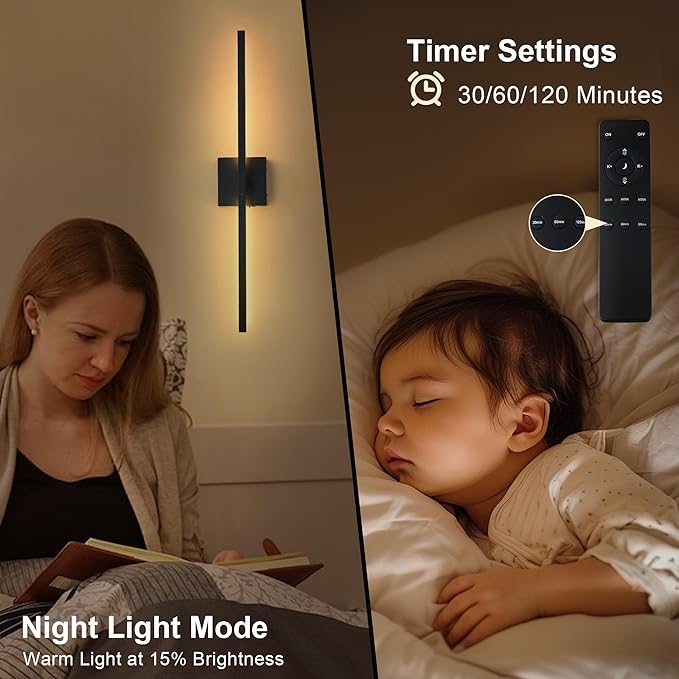 KARTOOSH 28.3 Inch Battery Operated Wireless Wall Sconce, 360° Rotatable Detachable Modern Wall Lamp with Remote Control Stepless Dimmable 3000K-6000K LED Light for Bedroom, Living Room Gallery Black