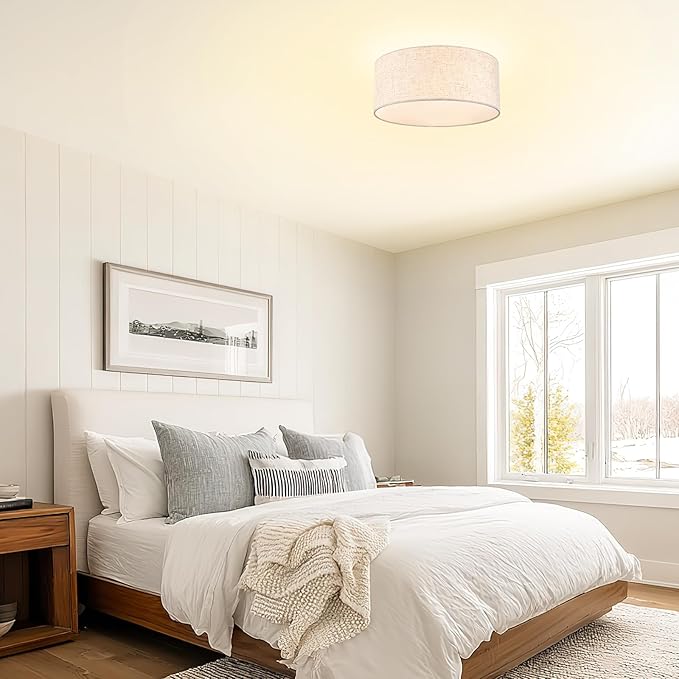 13 Inch Flush Mount Ceiling Light, 3-Light Modern Fabric Linen Drum Shade for Kitchen, Bedroom, Dining Room, Hallway and Entryway