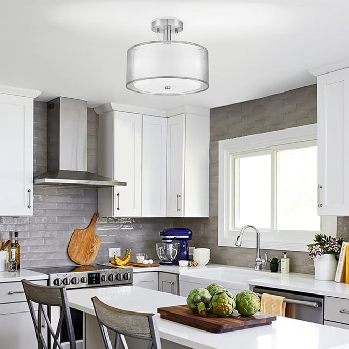 FOLKSMATE Silver Semi Flush Mount Ceiling Light Fixture, 3-Light Drum Light with Double Fabric Shade, Modern Close to Ceiling Lamp for Living Room, Bedroom, Dining Room, Kitchen, Hallway, Entry, Foyer