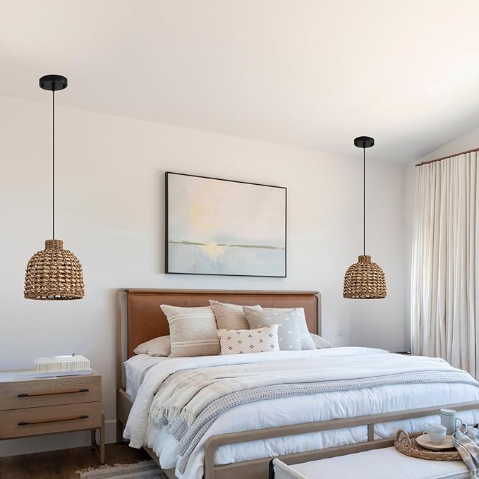 Mini Rattan Pendant Light Fixtures,9.06" Boho Pendant Light,3-Pack Hand Woven Seagrass Rattan Chandelier for Dining Living Bedroom Kitchen Farmhouse