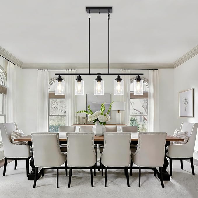 Modern Island Lights for Kitchen, Black Dining Room Light Fixtures Over Table 5-Light Farmhouse Linear Chandelier Adjustable Hanging Kitchen Lights Ceiling Clear Glass Pendant Lighting Over Island
