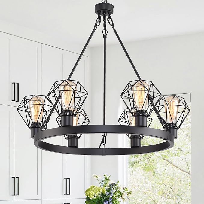 Wagon Wheel Chandelier Modern Farmhouse Pendant Light,Black Farmhouse Chandelier, 6-Light Wagon Wheel Chandelier with Adjustable Height, Dining Room Light Fixture, Hanging Lights