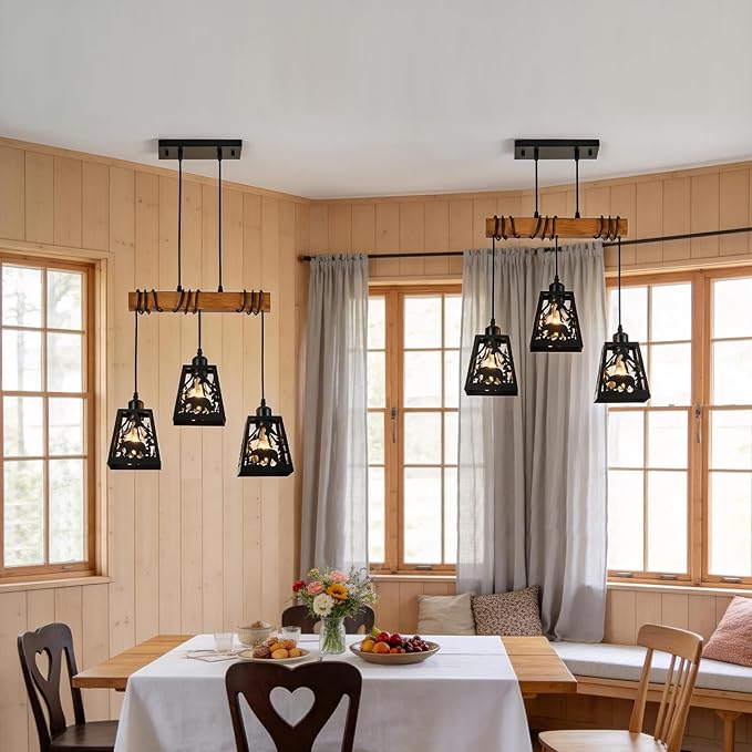 3-Lights Farmhouse Dining Room Pendant Light Fixtures, Rustic Solid Wood Kitchen Island Lighting Hanging with Bear Metal Shades for Restaurant, Kitchen Island, Hallway