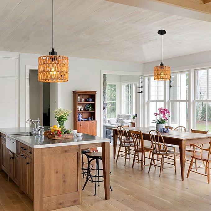 Woven Pendant Light Boho Chandelier, Rattan Pendant Lights Kitchen Island, Farmhouse Pendant Lighting with Hand Woven Wicker Shade, Boho Chandelier Light Fixtures Ceiling Hanging Light