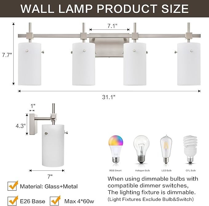 SOLFART 4 Light Bathroom Vanity Lights Over Mirror, Vintage Bathroom Lighting Brushed Nickel Wall Sconce with Milky White Glass Shade