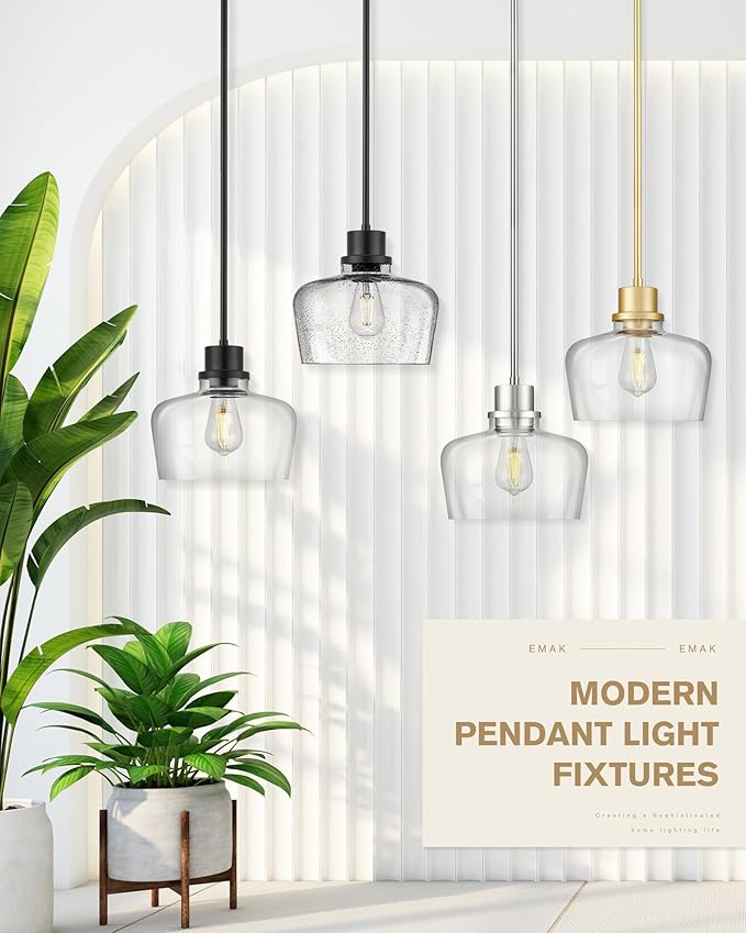 Emak 10 Inch Brushed Nickel Pendant Light, Modern Large Pendant Lights Kitchen Island, Hanging Lights with Clear Glass Shade for Kitchen, Dining Room, Entrance, PL126-BN-CG