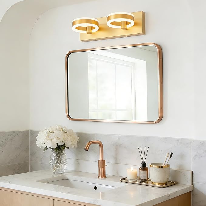 LED Bathroom Light Fixtures,15inch Gold Vanity Lights, Modern 2 Light Acrylic Wall Sconces, 350° Rotatable Wall Lighting Fixture Over Mirror