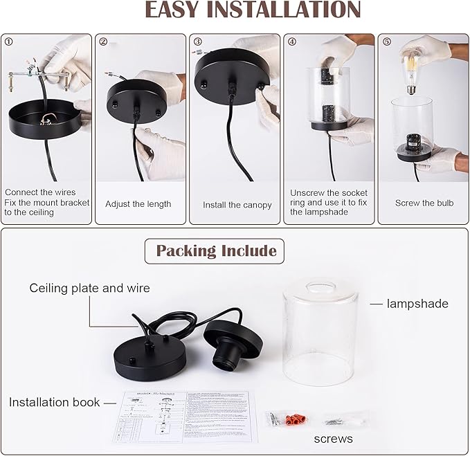 Industrial Mini Pendant Light Modern Bubble Seeded Glass Hanging Lighting Cylinder Adjustable Cord for Kitchen Island Dining Table Over Sink, Black, 1 Pack