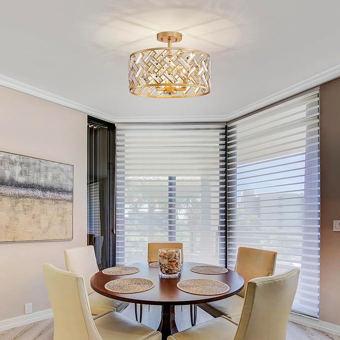 AGV LIGHTING Gold Semi Flush Mount Ceiling Light Fixture, Crystal Chandelier Ceiling Lighting Fixture for Bedroom, Kitchen, Hallway