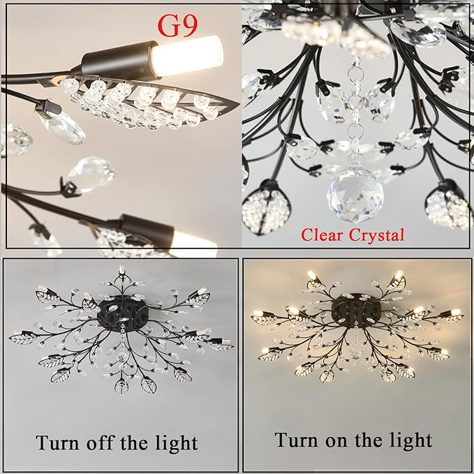 Modern Crystal Ceiling Light Fixture,Semi Flush Mount Chandeliers,Crystal Leaf Ceiling Light, Chandeliers for Dining Room,Living Room,Bedroom