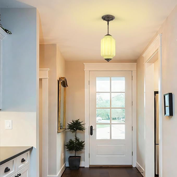Vintage Milk Glass Pendant Light, 5.5" Semi Flush Mount Pendant Light, Brass Finish Green Glass Hanging Light Fixture for Kitchen, Dining Room, Bedroom, Hallway, Bathroom(Green, 1 Pack)