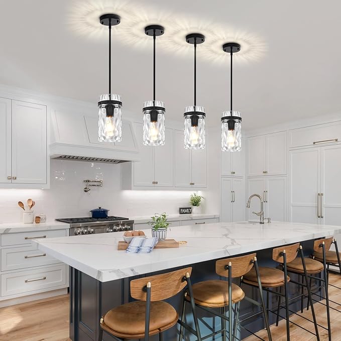 Modern Black Pendant Lights Kitchen Island, Hammered Glass Kitchen Pendant Lighting Over Island Adjustable Hanging Hallway Light Fixtures Mini Chandelier for Dining Room Bathroom Entryway