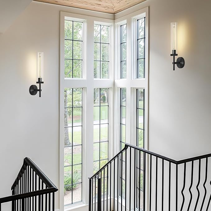 Modern Black Wall Sconces Bathroom Vanity Light Fixtures, Glass Tube Wall Sconces Set of Two, sconces wall lighting indoors, Wall Lights for Mirror, Living Room, Bedroom, Hallway (including bulb)
