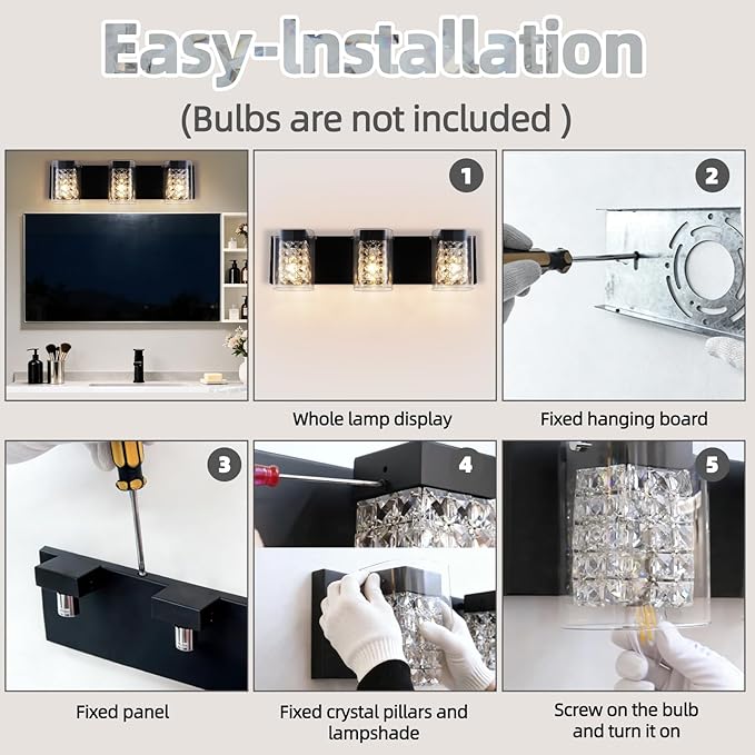 Modern Crystal Bathroom Light Fixtures, 3-Light Black Vanity Lights with Clear Shades, Bathroom Lighting Fixtures Over Mirror Wall Light for Living Room, Decoration,Bedroom(Exclude Bulb)