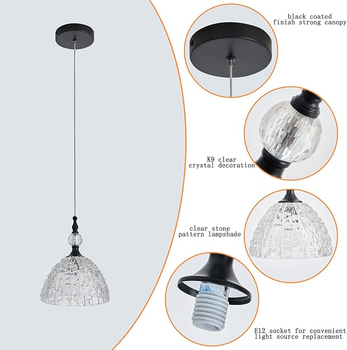 Modern Small Black Glass Pendant Light 7.68 inch Globe Light Fixture with Clear K9 Crystal Adjustable Height Vintage Mini Hanging Lights for Kitchen Island Bedroom Dining Room Living Room