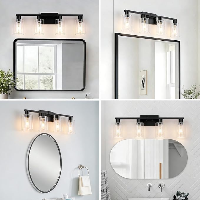 4 Light Bathroom Light Fixtures Black, 28" Vanity Lights Rust Proof Moisture-proof Easy to Clean with Clear Glass for Living Room Cabinet Bedroom Porch for Bathroom Lighting Fixtures over Mirror