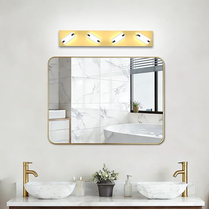 LED Bathroom Light Fixtures, 4-Light Modern Vanity Lights with Milky White Frosted Acrylic Shades, Gold Bathroom Lighting Fixtures Over Mirror, ETL Listed, 27W 5CCT Adjustable