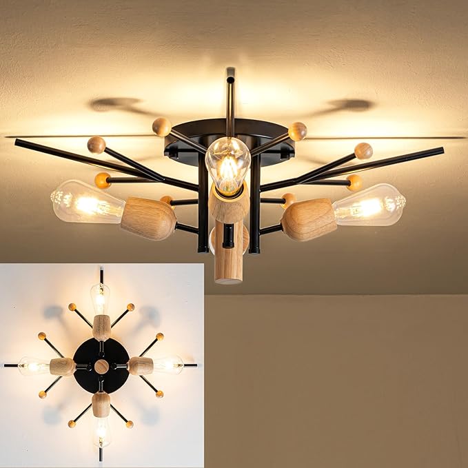 4 Light Sputnik Light Fixture Black Flush Mount Lights Industrial Ceiling Light Wood 25.24" Modern Farmhouse Ceiling Lights for Kitchen Bedroom Bathroom Foyer Hallway(E26)